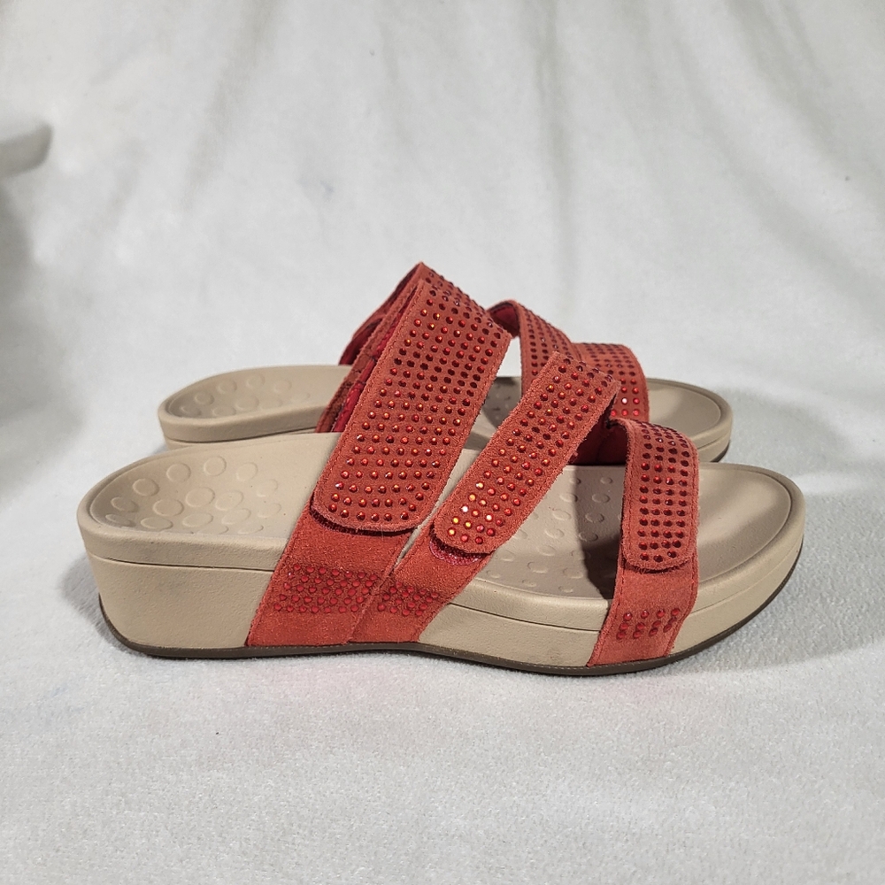 VIONIC Red Rhinestone Suede Comfort Slide Sandals Womens Size 6 Three Strap Adj - Picture 3 of 7